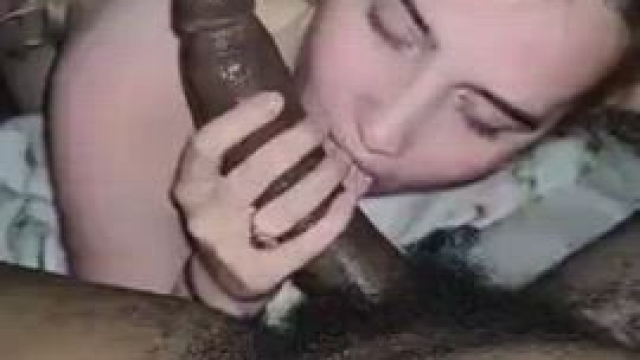 Beautiful blonde young girl sucking on a huge Bbc