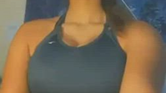 Velcro sports bra needed to help support her huge tits. You can even hear the tit
