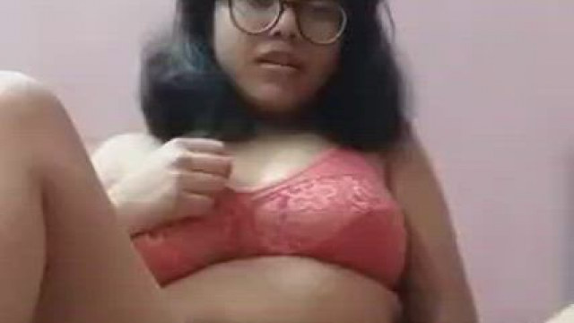 Sexy young girl lady with glasses masturbating and fingering herself teasing